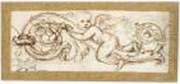 A Putto On An Acanthus Scroll Oil Painting by Giulio Romano (Orbetto)