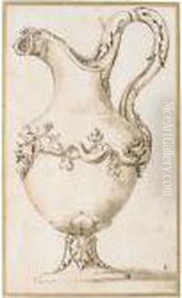 Design For A Ewer With Acanthus Leaves And The Head Of A Faun Oil Painting by Giulio Romano (Orbetto)