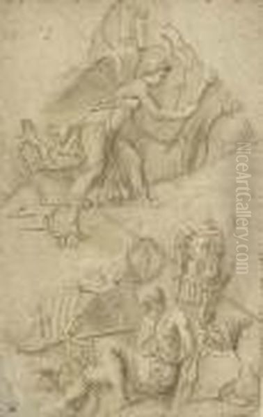 Victory With Military Trophies And A Bound Captive Withtrophies Oil Painting by Giulio Romano (Orbetto)