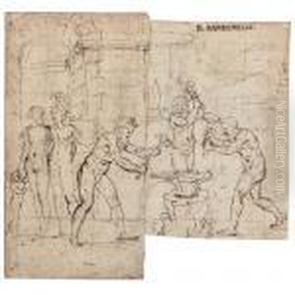 Recto : Venus, Cupid And Aeneas At The Forge Of Vulcan Verso : A Seated Figure Oil Painting by Giulio Romano (Orbetto)