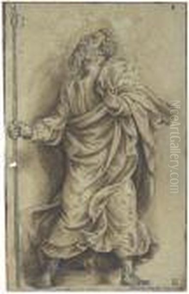 A Soldier Holding A Spear, Looking Up To The Left Oil Painting by Giulio Romano (Orbetto)