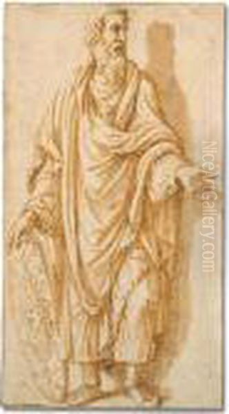 Standing Classical Male Figure With A Shield Oil Painting by Giulio Romano (Orbetto)