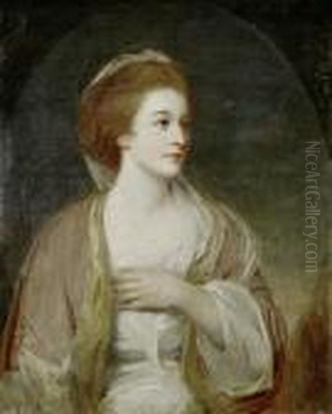 Portrait Of A Lady, Said To Be 
Frances Woodley, Half-length, In A White Dress With Blue Sash And A Pink
 Shawl Standing Before A Landscape Oil Painting by George Romney