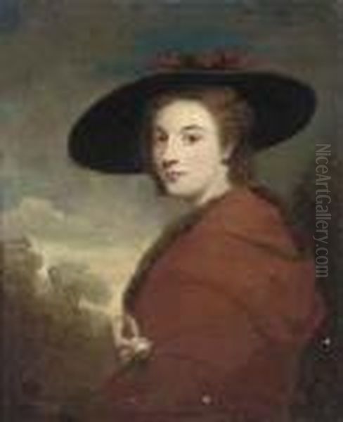 Portrait Of A Lady, Half-length,
 In A Red Fur-trimmed Cloak Andblack Hat, A Rose In Her Right Hand, In A
 Landscape Oil Painting by George Romney