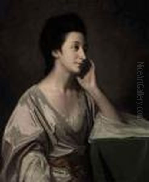 Portrait Of Mrs John Gathorne, 
Half-length, In A Silver Gown, Herleft Elbow Resting On A Table Oil Painting by George Romney