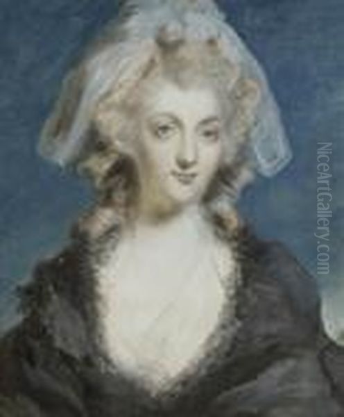 Portrait Of A Lady, Thought To 
Be Mary Anne Uhthoff, In A Blacksilk Gown With A White Fichu And Cap Oil Painting by George Romney