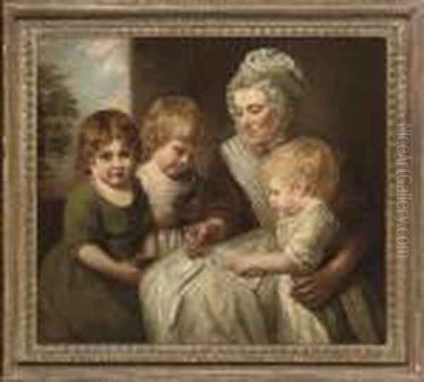 Portrait Of A Governess With 
Three Children, Three-quarter-length, Seated, With A Primer, A Landscape
 Beyond Oil Painting by George Romney