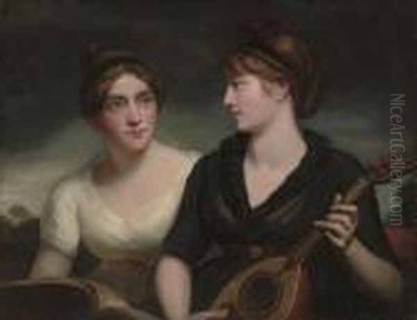 A Double Portrait Of Sisters, 
Half-length, One In A Black Dress Playing A Lute, The Other In A White 
Dress Holding A Musical Score, A Landscape Beyond Oil Painting by George Romney