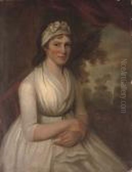Portrait Of A Lady, Seated 
Half-length, In A White Dress With A White Ribbon In Her Hair, An 
Extensive Landscape Beyond Oil Painting by George Romney
