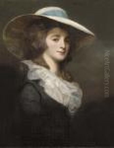 Portrait Of Lady Herries, 
Half-length, In A Grey Dress And Whitecollar, With A Wide-brimmed White 
Hat With A Blue Ribbon Oil Painting by George Romney