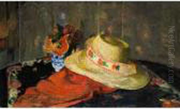 Stilleben Mit Strohhut, Rotem 
Tuch Und Sommerblumen In Einer Keramikvase Auf Gedecktem Tisch Vor 
Tapetenhintergrund Oil Painting by Henriette Ronner-Knip