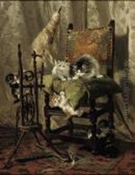 Playful Kittens By A Spinning Wheel Oil Painting by Henriette Ronner-Knip