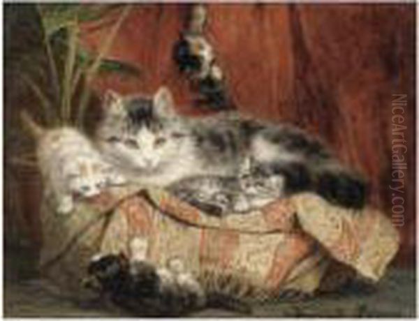 Playtime Oil Painting by Henriette Ronner-Knip