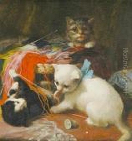 Three Kittens At Play Oil Painting by Henriette Ronner-Knip