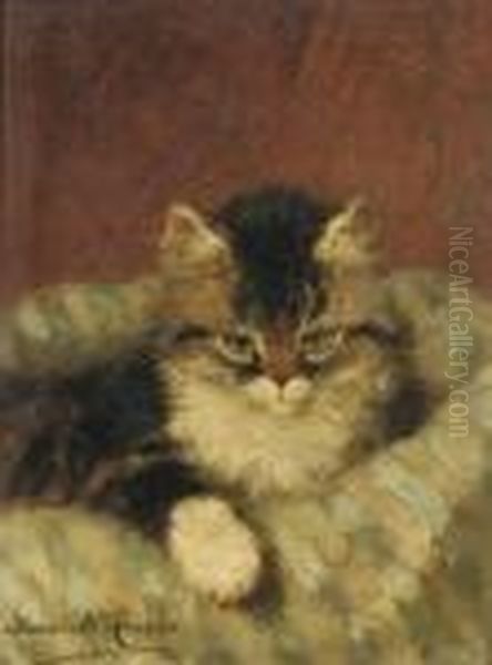 A Kitten On A Blue Striped Pillow Oil Painting by Henriette Ronner-Knip