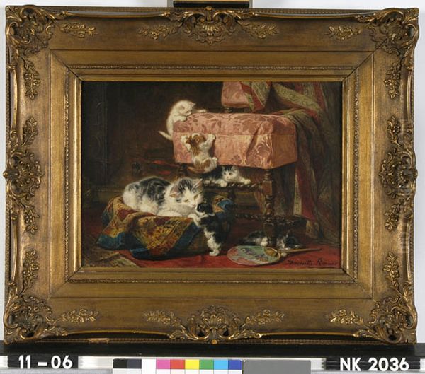 A Cat With Five Kittens Oil Painting by Henriette Ronner-Knip