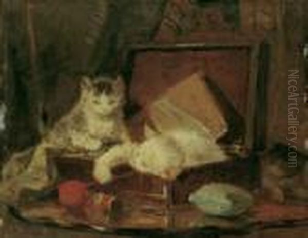 Spielende Katzchen. Signiert 
Unten Rechts: Henriette Ronner. Ol Auf Papier, Auf Holz Aufgezogen. H 
30; B 36 Cm. Oil Painting by Henriette Ronner-Knip