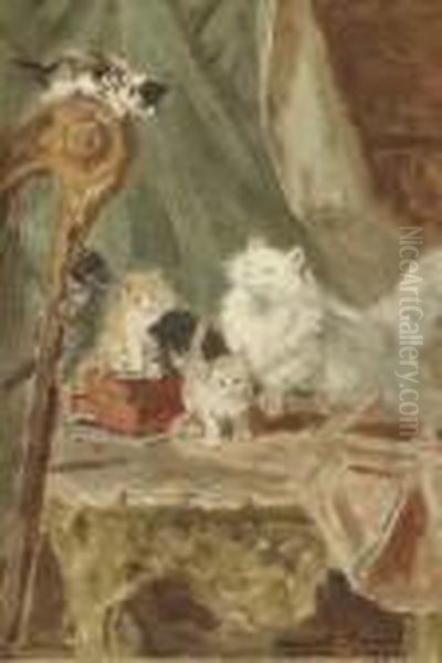 Kittens Playing In The Music Room - A Sketch Oil Painting by Henriette Ronner-Knip