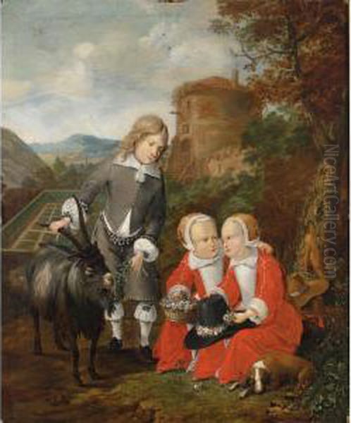 A Boy With A Goat And Twins In A
 Forest Landscape With A View Of A Formal Garden Beyond, Said To Be The 
Children Of Graf Hochberg Oil Painting by Johan Heinrich Roos