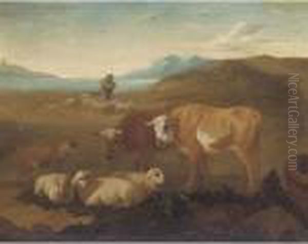 An Italianate Landscape With 
Cattle And Sheep In The Foreground, A Shpeherd And His Flock Beyond Oil Painting by Johan Heinrich Roos