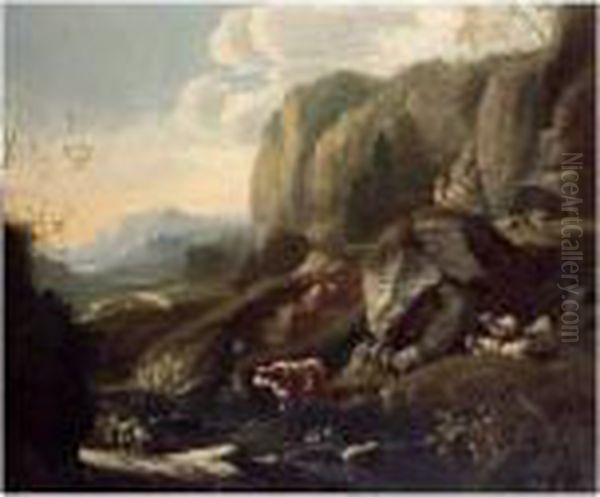 A Rocky Landscape With A 
Shepherd Family Resting With Their Flock, Another Shepherd Travelling 
Below Oil Painting by Johan Heinrich Roos