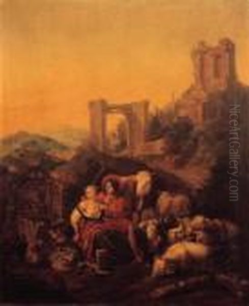 A Shepherd Couple Embracing By A
 Fountain, Classical Ruins On Ahilltop Beyond, In An Italianate 
Landscape Oil Painting by Johan Heinrich Roos