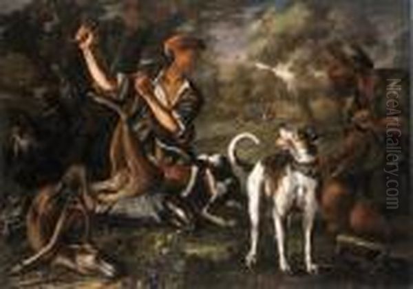 Roos, J.
A Stag Hunt Oil Painting by Johan Heinrich Roos