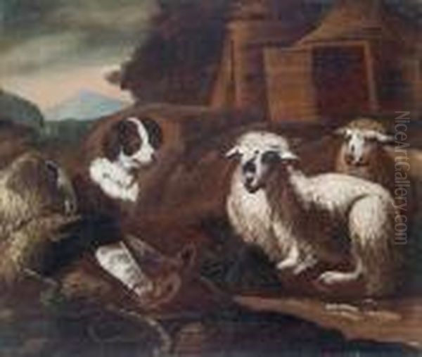 A Shepherd
With Two Sheep And A Dog In A Landscape Oil Painting by Philipp Peter Roos