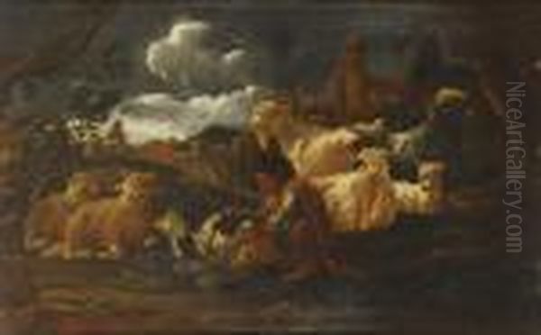 Rosa Da Tivoli Attribuito A Pastore Con Animali Olio Su Tela, Cm 70x108 Oil Painting by Philipp Peter Roos