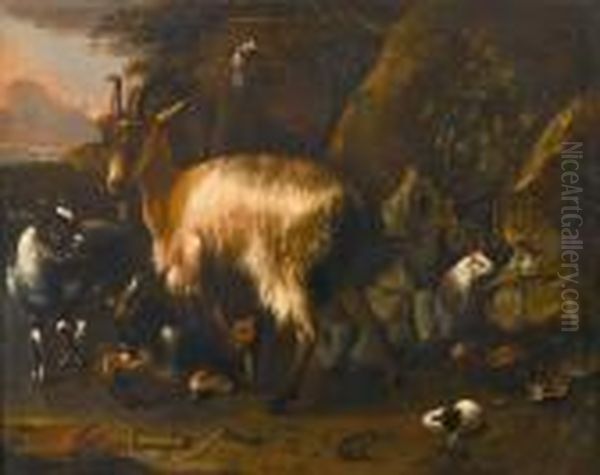 Italianate Landscape With Goats,
 Guinea Pigs, Toad And Bluebird, With Herders And Sheep Beyond Oil Painting by Philipp Peter Roos