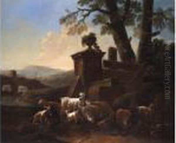 Schlafender Hirte Zwischen 
Schafen Und Ziegen In Sudlicher Landschaft Mit Antikem Monument Oil Painting by Philipp Peter Roos