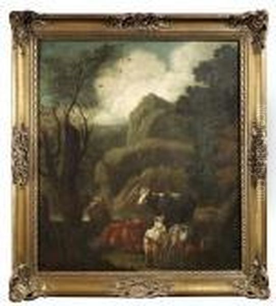 Peter Called Rosa Da Tivoli . 
Resting Shepherd With His Flock In A Valley. Oil/canvas/canvas Oil Painting by Philipp Peter Roos