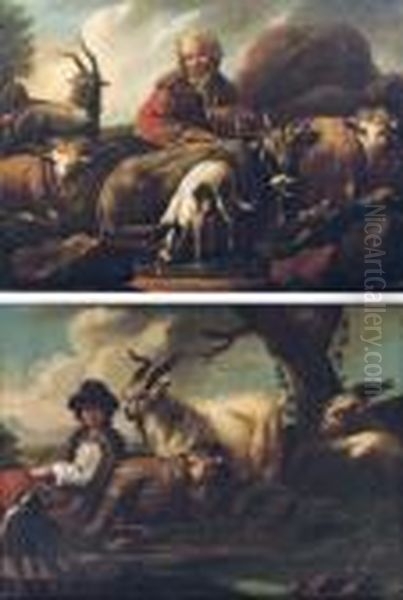 A Shepherd With His Flock In A 
Landscape, A Dog Drinking In The Foreground; And A Shepherd With His 
Flock In A Landscape Oil Painting by Philipp Peter Roos