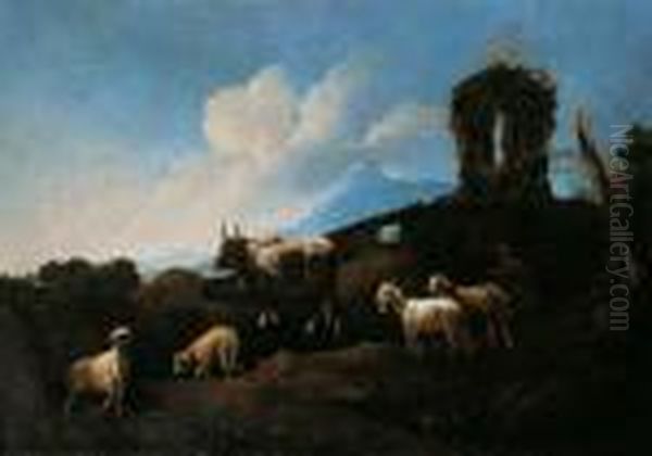 Campagnalandschaft Mit Viehherde
 Vor Einer Ruine. Ol Auf Leinwand (doubliert). H 98,5; B 137 Oil Painting by Philipp Peter Roos