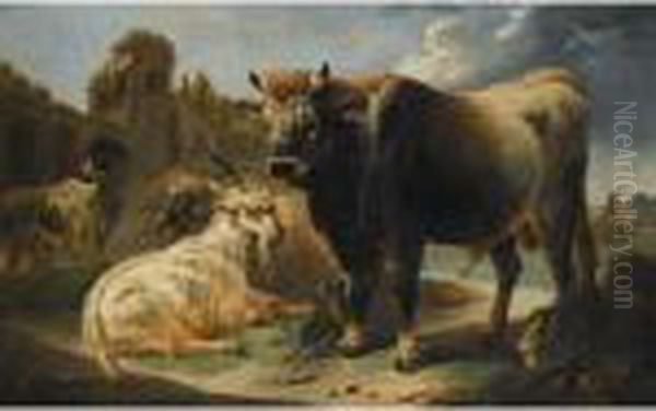 Rocky Landscape With A Bull Goat
 Ram And Sheepdog Before A Set Of Ruins A 
Shepherd And Flock Beyond Oil Painting by Philipp Peter Roos