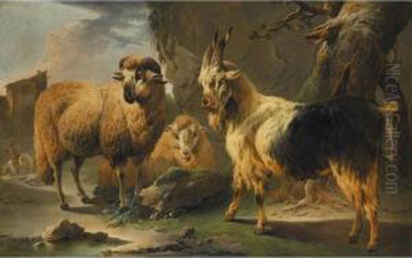 Rocky Landscape With Sheep And 
Goats A Horseman Before A House Beyond Oil Painting by Philipp Peter Roos