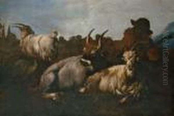 Lagernde Ziegen Und Ein Von 
Hinten Gesehener Hirte. Ol Auf Leinwand (doubliert). H 88; B 128 Cm. 
Provenienz: Aus Franzosischem Adelsbesitz. Oil Painting by Philipp Peter Roos