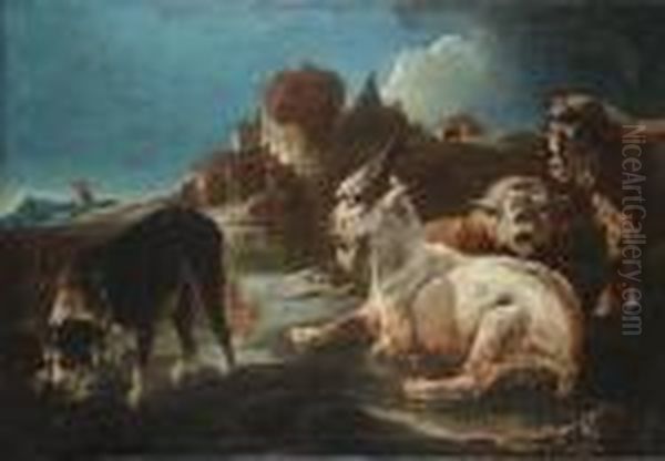 Sheep, A Goat And A Dog Drinking
 Water From A Stream A Shepherd And His Flock In The Distance Oil Painting by Philipp Peter Roos