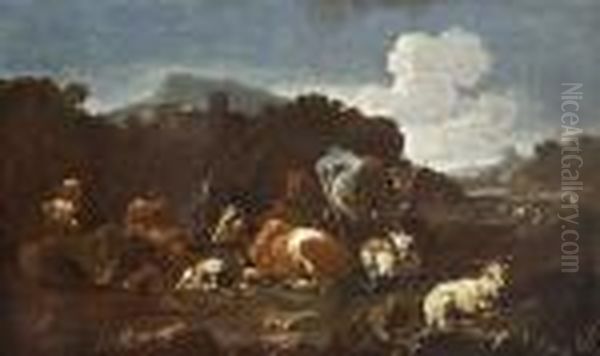 Hirte Mit Herde In
 Campagnalandschaft. Oil Painting by Philipp Peter Roos