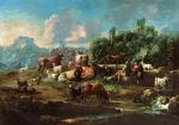 Pejzaz Ze Stadem I Pasterzami Oil Painting by Philipp Peter Roos