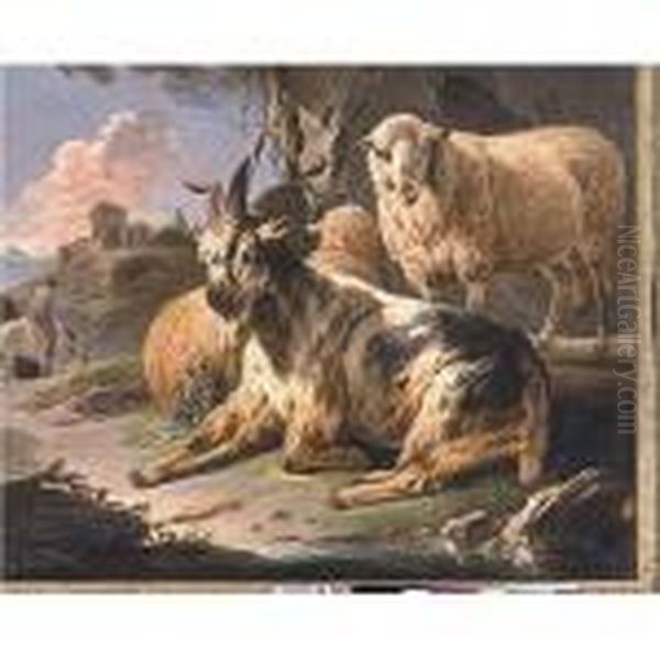 An Italianate Landscape With A 
Goat And Sheep, With A Man On Horseback And Classical Ruins Beyond Oil Painting by Philipp Peter Roos