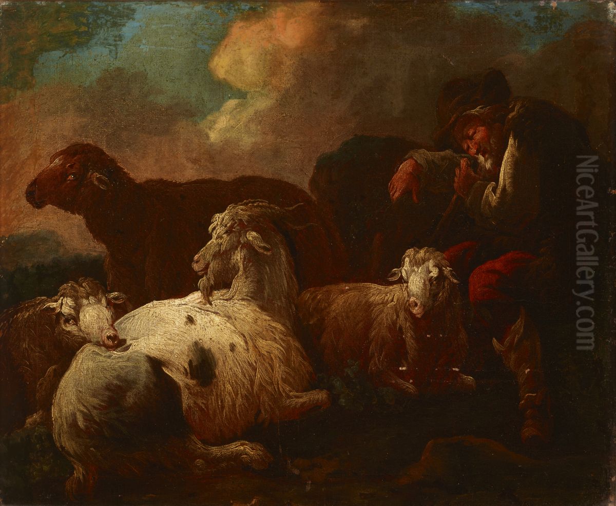 Goats And Sheep Oil Painting by Philipp Peter Roos