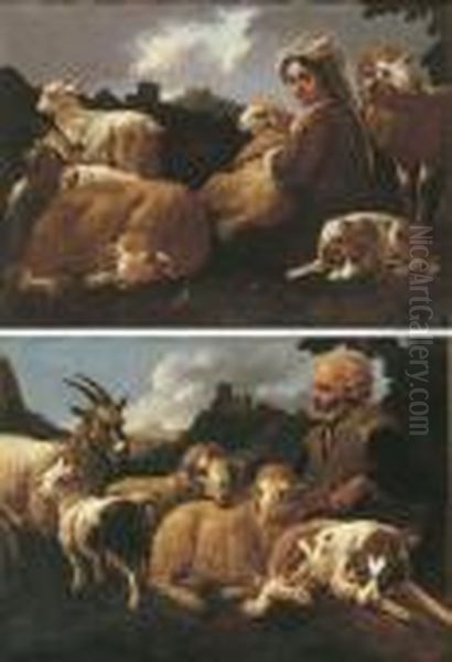 A Shepherdess Surrounded By Her 
Flock Within A Landscape; And Ashepherd Surrounded By His Flock Within A
 Landscape Oil Painting by Philipp Peter Roos