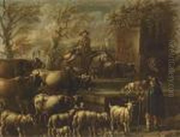 A Drover And A Shepherd 
Preparing To Leave With Their Cattle Andflock; And A Drover On Horseback
 Watering His Cattle At A Fountainand Shepherd With His Flock Oil Painting by Philipp Peter Roos