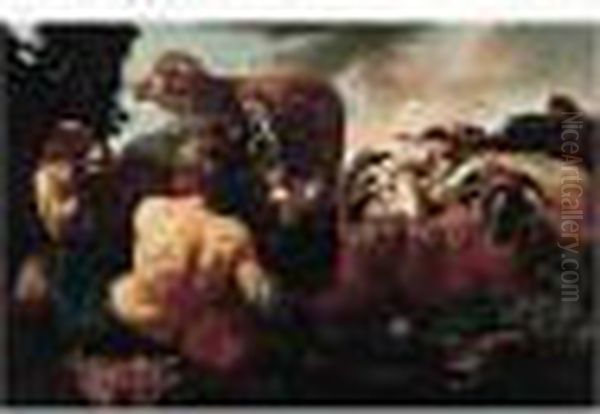 A Shepherd Resting With His Flock And A Cow Oil Painting by Philipp Peter Roos