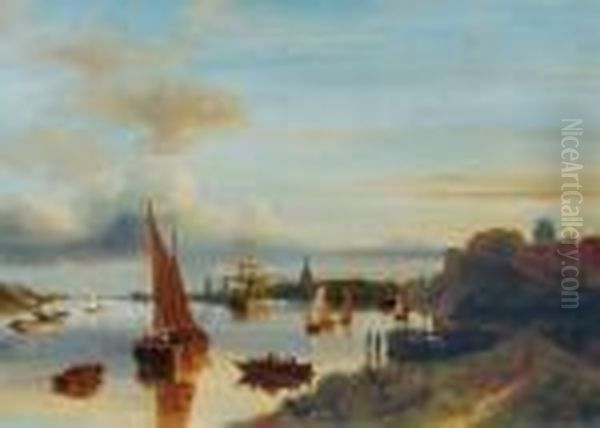 Blick Uber Die Belebte Maas Auf Dordrecht Oil Painting by Nicholas Jan Roosenboom