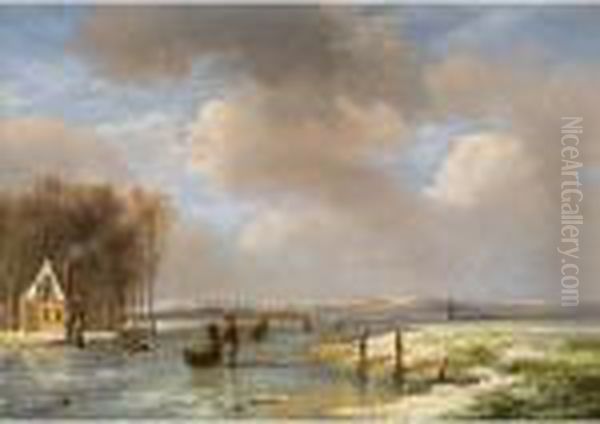 Idyllische Hollandische 
Winterlandschaft Mitschlittschuhlaufern Und Bauer, Seine Milchkannen In 
Einem Schlittenziehend Oil Painting by Nicholas Jan Roosenboom