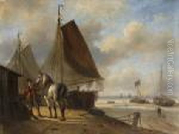 Rastende Bauern Mit Schimmel Bei
 Den Fischerbooten Am Strand. Oil Painting by Nicholas Jan Roosenboom