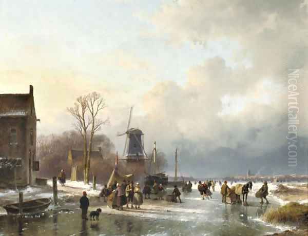 An extensive winter landscape with numerous villagers on the ice Oil Painting by Andreas Schelfhout