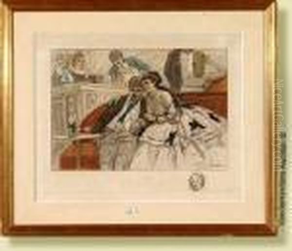 Avecla Fille De Joie Au Cafe, 
Gravure En Couleurs Sur Papier. Signeedans La Planche En Bas A Droite 
Felicien Rops. Ecole Belge. (*).dim.: 39x48 Cm Oil Painting by Felicien Rops